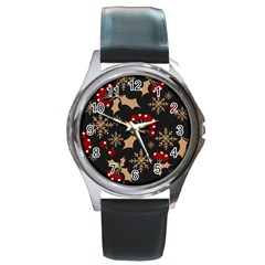 Christmas-pattern-with-snowflakes-berries Round Metal Watch