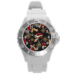 Christmas-pattern-with-snowflakes-berries Round Plastic Sport Watch (l)