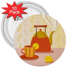 Tea Pot Cup Drawing 3  Buttons (10 pack) 