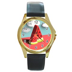 Strawberries Fruit Round Gold Metal Watch by Grandong