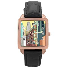 Building Urban Architecture Tower Rose Gold Leather Watch  by Grandong