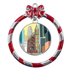 Building Urban Architecture Tower Metal Red Ribbon Round Ornament by Grandong