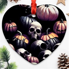 Halloween Party Skulls, Demonic Pumpkins Pattern Heart Ornament (two Sides)