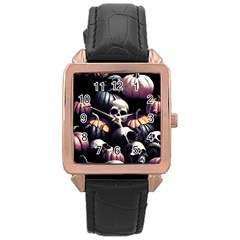 Halloween Party Skulls, Demonic Pumpkins Pattern Rose Gold Leather Watch  by Casemiro