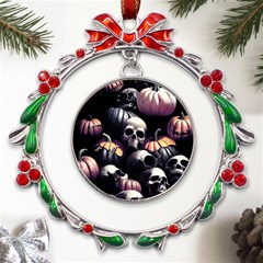 Halloween Party Skulls, Demonic Pumpkins Pattern Metal X mas Wreath Ribbon Ornament