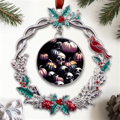 Halloween Party Skulls, Demonic Pumpkins Pattern Metal X mas Wreath Holly Leaf Ornament