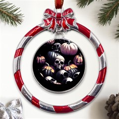 Halloween Party Skulls, Demonic Pumpkins Pattern Metal Red Ribbon Round Ornament by Casemiro