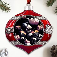 Halloween Party Skulls, Demonic Pumpkins Pattern Metal Snowflake And Bell Red Ornament