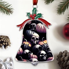 Halloween Party Skulls, Demonic Pumpkins Pattern Metal Holly Leaf Bell Ornament