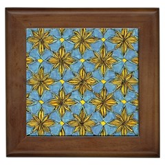 Gold Abstract Flowers Pattern At Blue Background Framed Tile by Casemiro