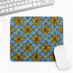 Gold Abstract Flowers Pattern At Blue Background Large Mousepad by Casemiro