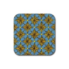 Gold Abstract Flowers Pattern At Blue Background Rubber Coaster (square) by Casemiro