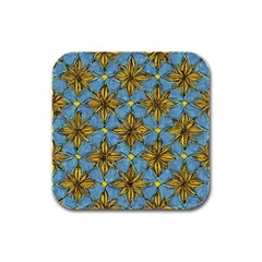 Gold Abstract Flowers Pattern At Blue Background Rubber Square Coaster (4 Pack) by Casemiro