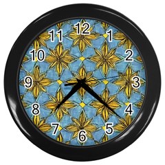 Gold Abstract Flowers Pattern At Blue Background Wall Clock (black) by Casemiro