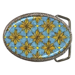 Gold Abstract Flowers Pattern At Blue Background Belt Buckles by Casemiro