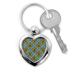 Gold Abstract Flowers Pattern At Blue Background Key Chain (heart) by Casemiro