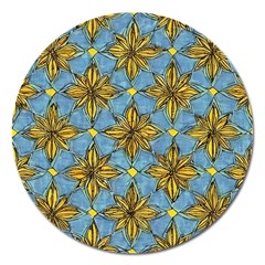 Gold Abstract Flowers Pattern At Blue Background Magnet 5  (round) by Casemiro