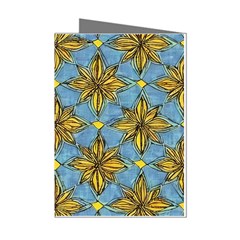 Gold Abstract Flowers Pattern At Blue Background Mini Greeting Cards (pkg Of 8)