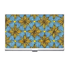 Gold Abstract Flowers Pattern At Blue Background Business Card Holder by Casemiro