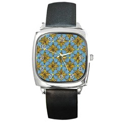 Gold Abstract Flowers Pattern At Blue Background Square Metal Watch by Casemiro