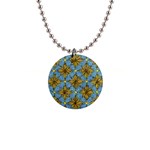 Gold abstract flowers pattern at blue background 1  Button Necklace Front