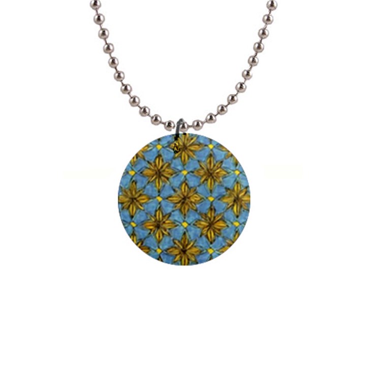 Gold abstract flowers pattern at blue background 1  Button Necklace