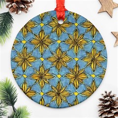 Gold Abstract Flowers Pattern At Blue Background Round Ornament (two Sides)