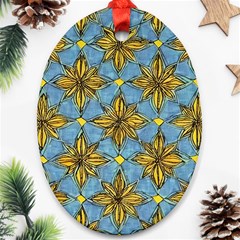 Gold Abstract Flowers Pattern At Blue Background Oval Ornament (two Sides)