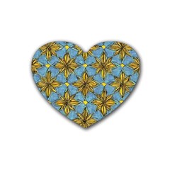 Gold Abstract Flowers Pattern At Blue Background Rubber Heart Coaster (4 Pack) by Casemiro