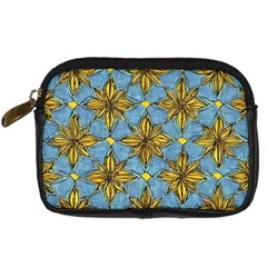 Gold Abstract Flowers Pattern At Blue Background Digital Camera Leather Case by Casemiro