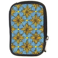 Gold Abstract Flowers Pattern At Blue Background Compact Camera Leather Case by Casemiro