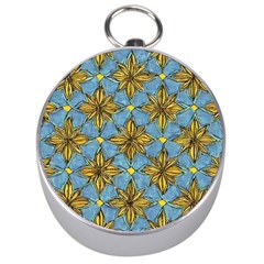 Gold Abstract Flowers Pattern At Blue Background Silver Compasses by Casemiro