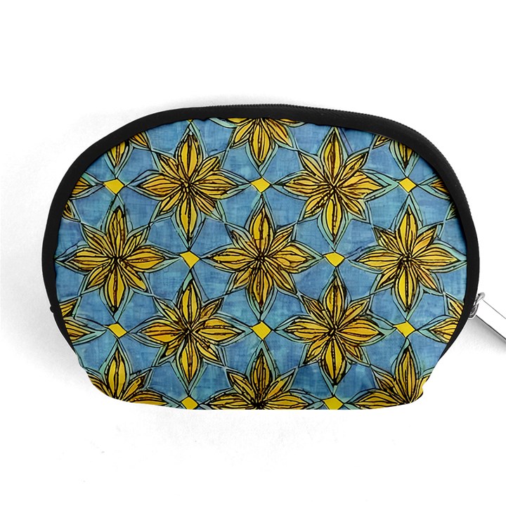 Gold abstract flowers pattern at blue background Accessory Pouch (Medium)