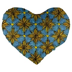 Gold Abstract Flowers Pattern At Blue Background Large 19  Premium Flano Heart Shape Cushions by Casemiro