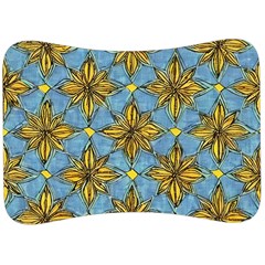 Gold Abstract Flowers Pattern At Blue Background Velour Seat Head Rest Cushion by Casemiro