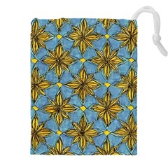 Gold Abstract Flowers Pattern At Blue Background Drawstring Pouch (5xl) by Casemiro