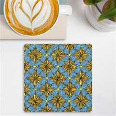 Gold Abstract Flowers Pattern At Blue Background Uv Print Square Tile Coaster  by Casemiro