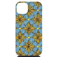 Gold Abstract Flowers Pattern At Blue Background Iphone 14 Plus Black Uv Print Case by Casemiro