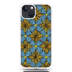 Gold Abstract Flowers Pattern At Blue Background Iphone 13 Tpu Uv Print Case by Casemiro