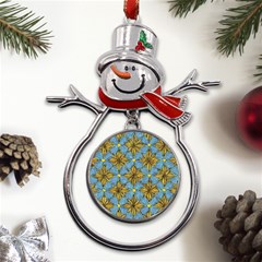 Gold Abstract Flowers Pattern At Blue Background Metal Snowman Ornament