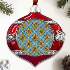 Gold Abstract Flowers Pattern At Blue Background Metal Snowflake And Bell Red Ornament