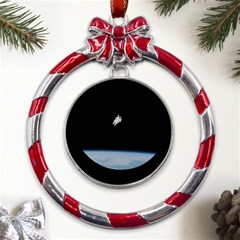 Amazing Stunning Astronaut Amazed Metal Red Ribbon Round Ornament by Proyonanggan