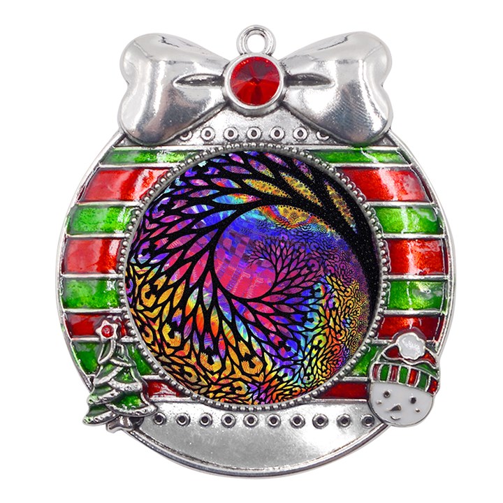 3d Fractal Mandelbulb Metal X Mas Ribbon With Red Crystal Round Ornament