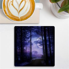 Moonlit A Forest At Night With A Full Moon Uv Print Square Tile Coaster  by Proyonanggan