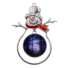 Moonlit A Forest At Night With A Full Moon Metal Snowman Ornament by Proyonanggan