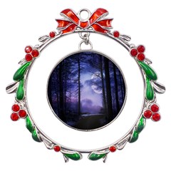 Moonlit A Forest At Night With A Full Moon Metal X mas Wreath Ribbon Ornament by Proyonanggan