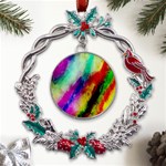 Colorful Abstract Paint Splats Background Metal X mas Wreath Holly leaf Ornament Front