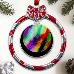 Colorful Abstract Paint Splats Background Metal Red Ribbon Round Ornament by Proyonanggan