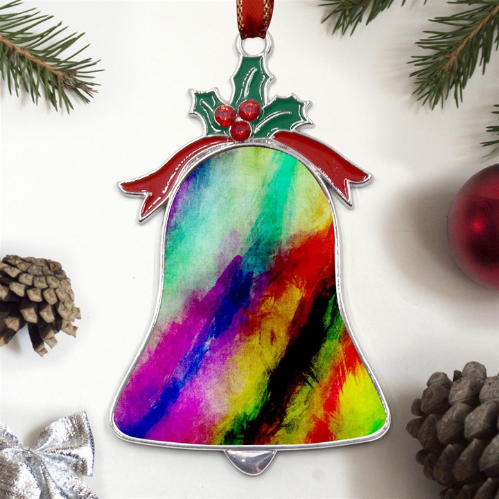 Colorful Abstract Paint Splats Background Metal Holly Leaf Bell Ornament