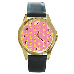 Rubber Duck Pattern Round Gold Metal Watch by Valentinaart